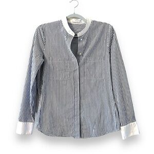 Mango Blue and White Striped Button Down Long Sleeve Blouse